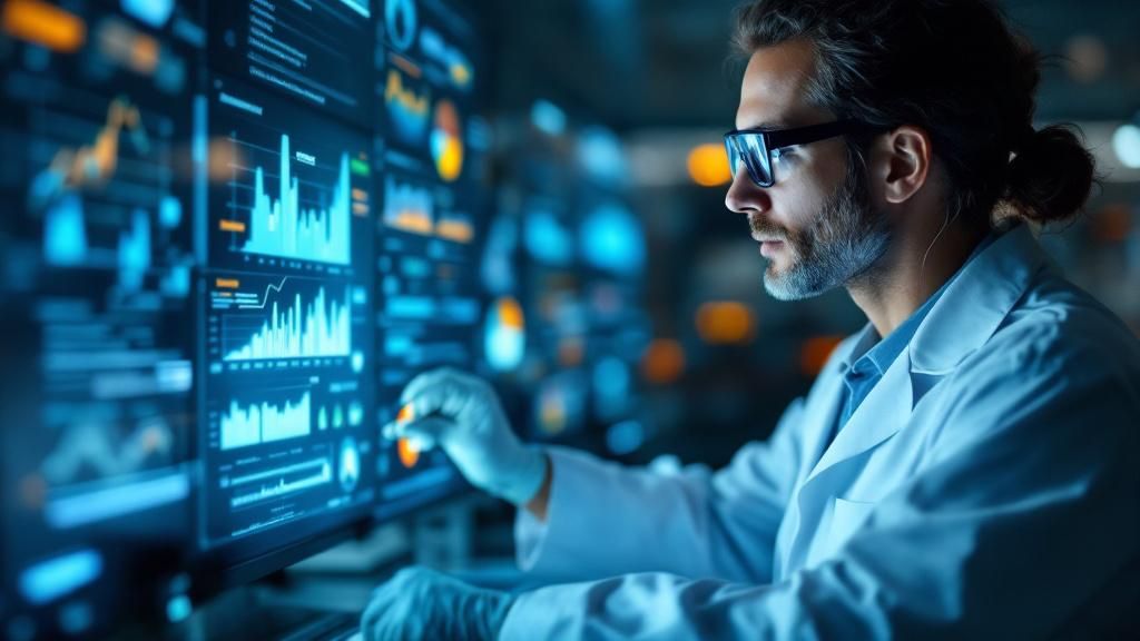A scientist analyzing digital data with Google Ads and Bing Ads elements