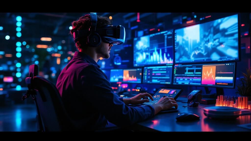 Visionary image of the future of video post production, with virtual reality and AI-driven editing tools.