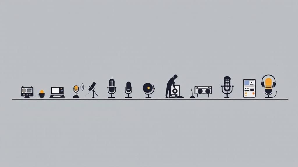 A timeline illustration showing the evolution of sound design in podcasting, from early radio to modern digital studios.