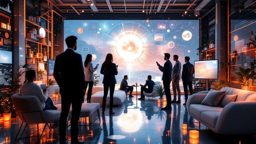 A futuristic scene depicting the evolution of influencer roles in reputation management over the next five years.