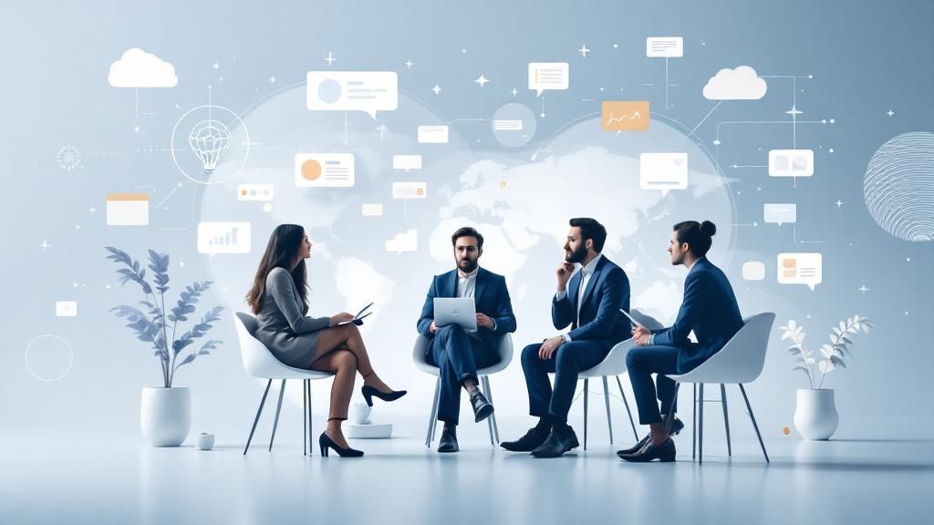 A panel of digital marketing experts discussing the future of local SEO, with thought bubbles and futuristic web design elements.