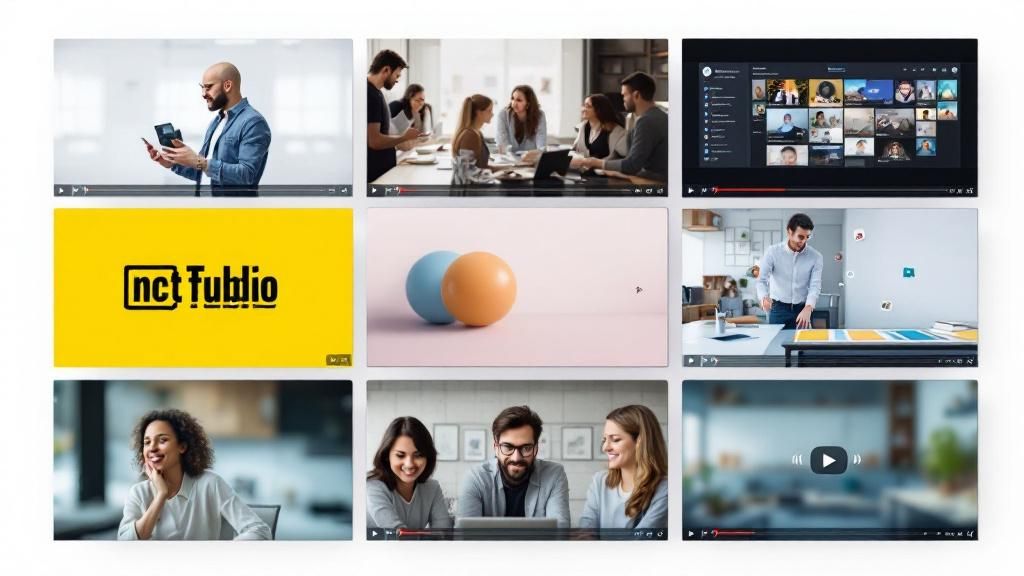 An array of video thumbnails showcasing diverse brand styles and identities, illustrating the impact of video production on brand identity.