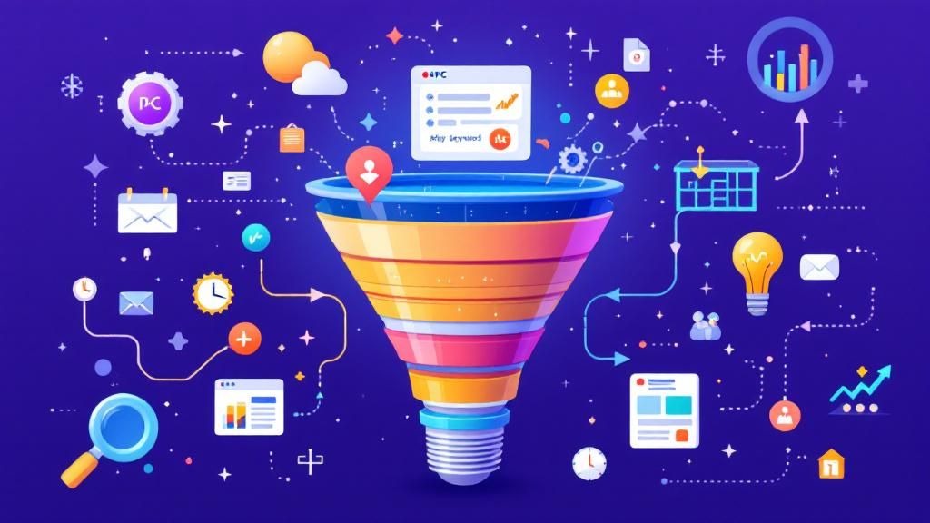 Illustration of a digital marketing funnel with keywords, ads, and conversions flowing through it.