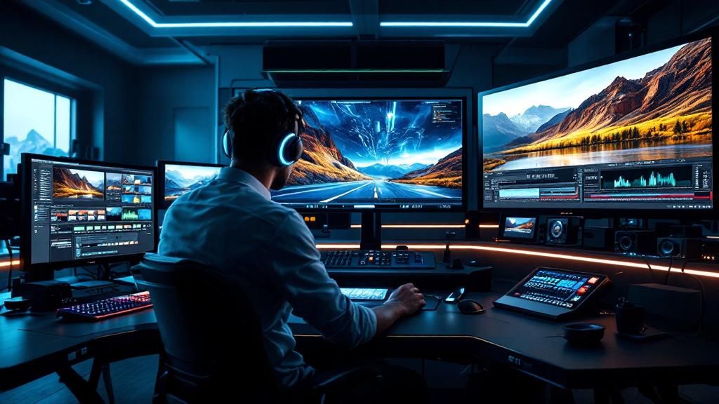 A futuristic editing suite with advanced tools and high-tech screens displaying video enhancements.