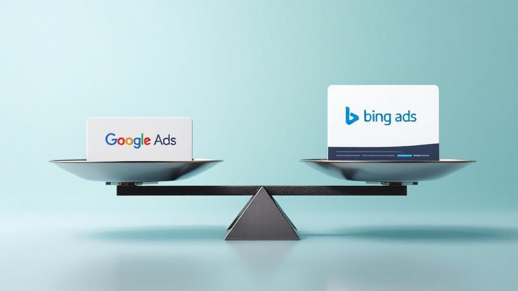 A balanced scale with Google Ads on one side and Bing Ads on the other