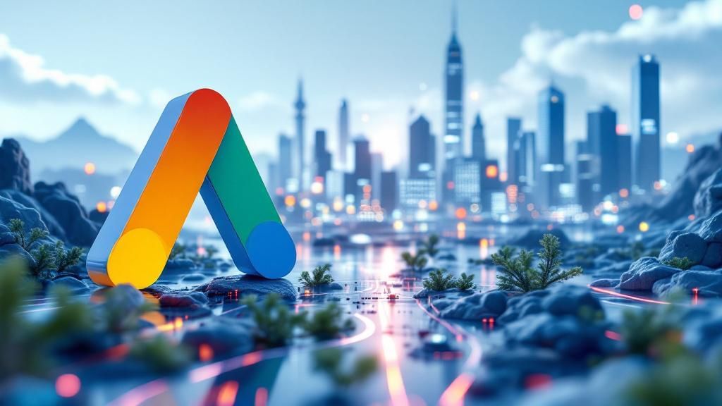 A futuristic digital marketing landscape with Google Ads and Bing Ads symbols