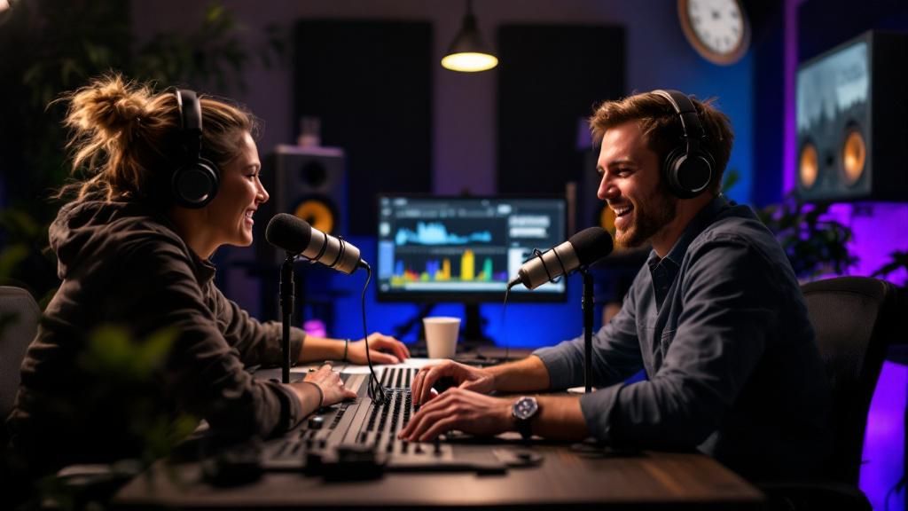 A scene from a popular podcast recording session with detailed sound design elements in action, showing team collaboration.