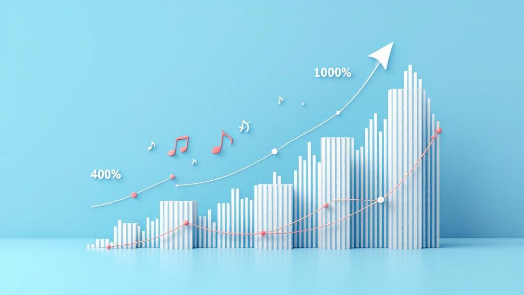 A graph showing increased podcast engagement statistics with sound design elements, like music notes and sound waves.