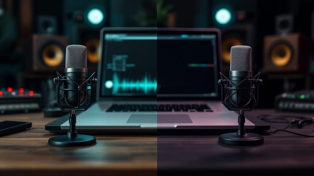 A split image showing a podcast studio with professional sound design equipment on one side and a basic setup with just a microphone on the other.