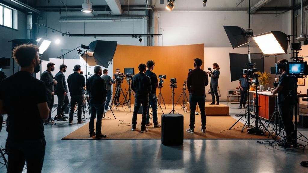 Two contrasting images: one of a traditional video shoot with a large crew, and another of a modern, streamlined digital setup, highlighting different video production strategies.