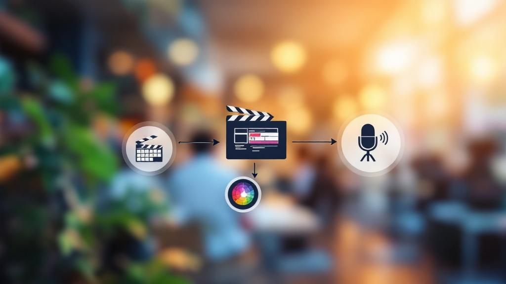 Illustration of a video production process flowchart, highlighting the post-production stage with icons of editing, color grading, and sound design.