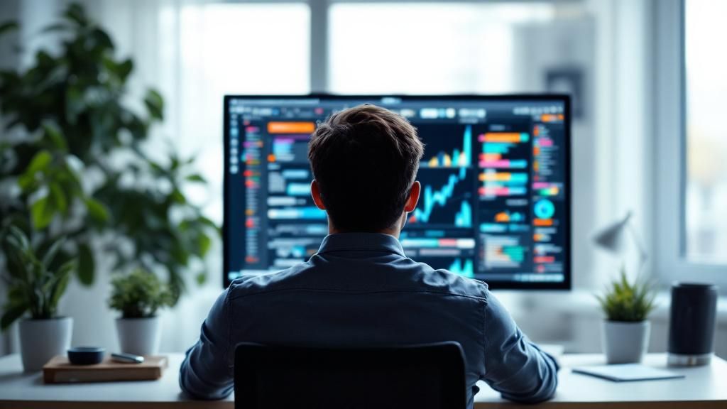 A digital marketer questioning the benefits of social media algorithms, looking at a computer screen filled with data.