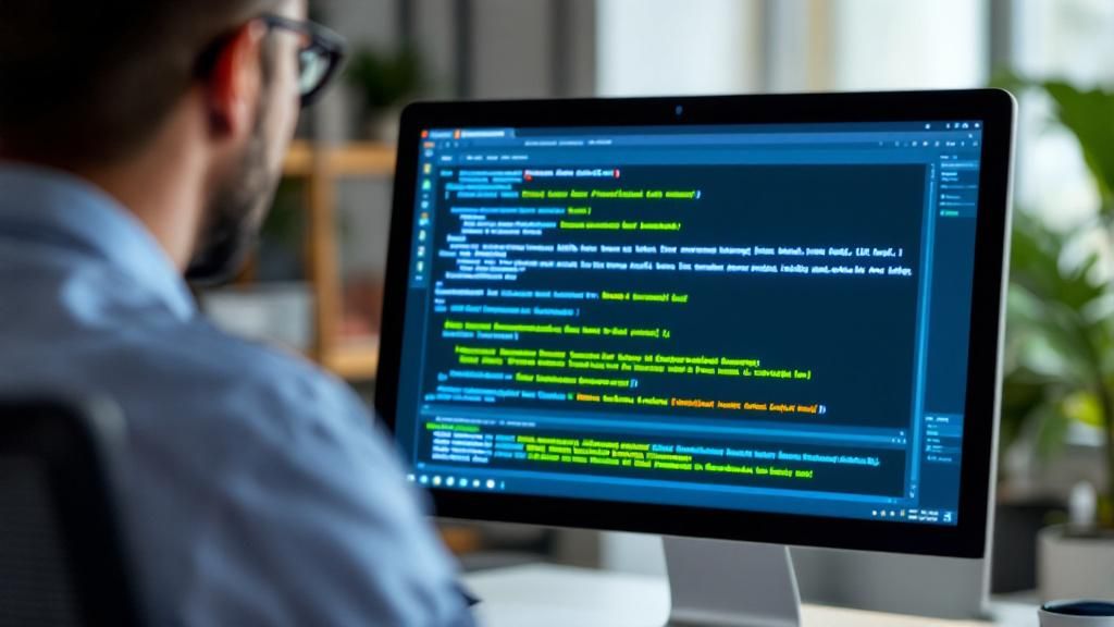 A businessperson analyzing a problem with a fractional CMO service, looking at a computer screen with error messages