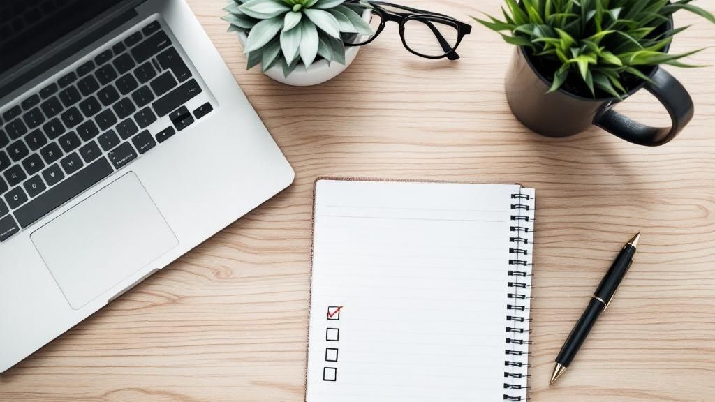 An organized workspace with a laptop, notepad, and a checklist for preparation